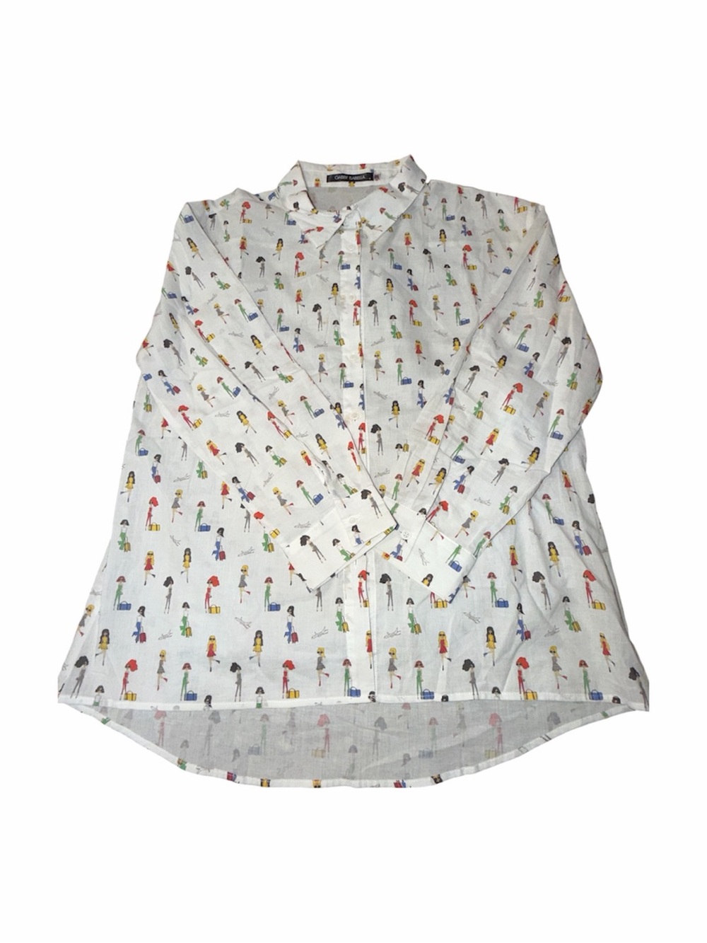 Gabby Isabella Button-Down Shirt Sz S Jet-Set Girls Travel Print Cotton